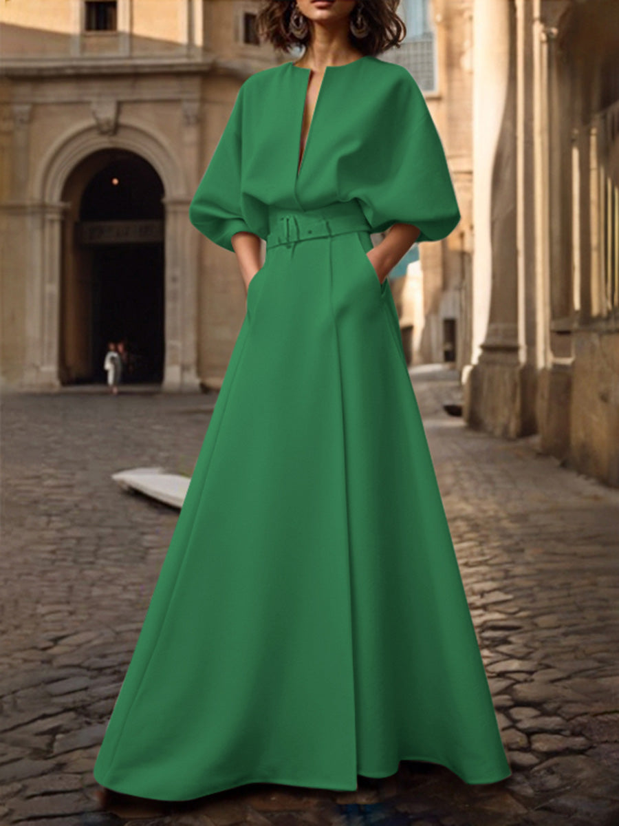 Half Sleeves Loose Belted Solid Color Deep V-Neck Maxi Dresses