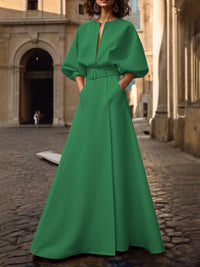 Half Sleeves Loose Belted Solid Color Deep V-Neck Maxi Dresses