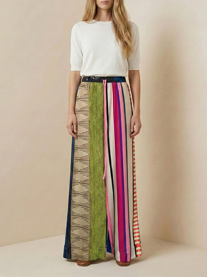 Loose Wide Leg Contrast Color Drawstring Printed Striped Casual Pants Bottoms Trousers