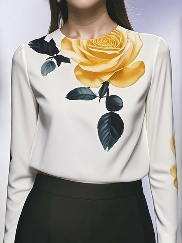 Flower Print Pleated Long Sleeves Loose Round-Neck Blouses&Shirts Tops