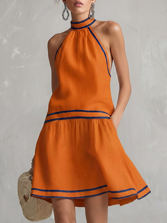 Contrast Color Pockets Zipper A-line Sleeveless Halter-Neck Mini Dresses