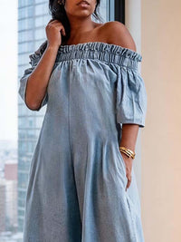 Pleated Solid Color Split-Joint Stretch; Elastic Loose Short Sleeves Off-The-Shoulder Jumpsuits