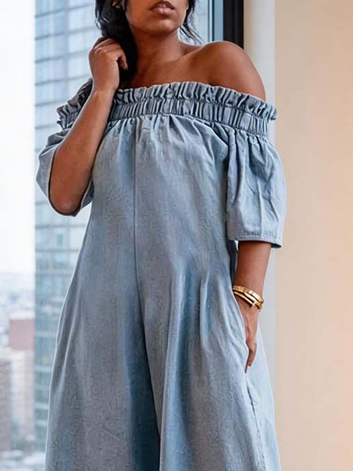 Pleated Solid Color Split-Joint Stretch; Elastic Loose Short Sleeves Off-The-Shoulder Jumpsuits