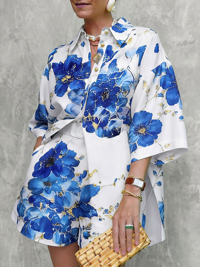 Flower Print Pockets Loose Wide Leg Shorts Bottoms