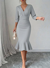 Bodycon Elasticated Waist Interlace Solid Color Split-Joint Split-Side Deep V-Neck Midi Dresses