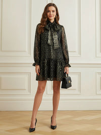 Long Sleeves Puff Sleeves Pleated Polka Dot Shiny Split-Joint High Neck Mini Dresses