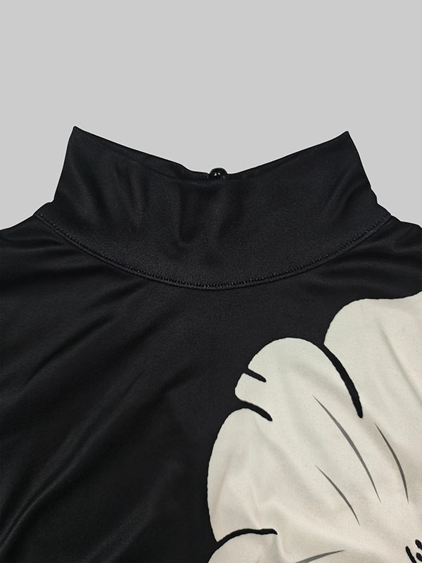 Flower Print Short Sleeves Skinny High Neck T-Shirts Tops