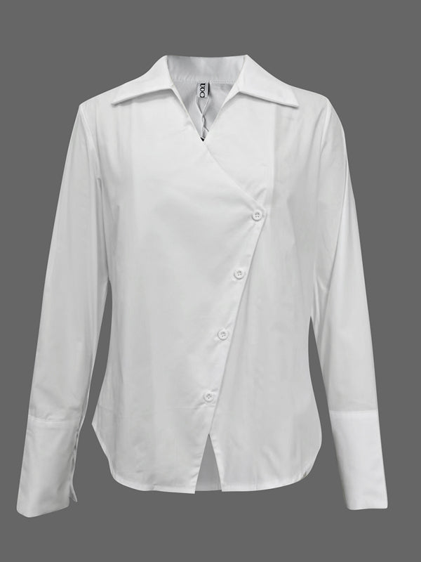 Long Sleeves Loose Solid Color Split-Joint Lapel Blouses