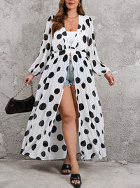 High Waisted Long Sleeves Pleated Polka-Dot See-Through Split-Joint Deep V-Neck Maxi Dresses Outerwear