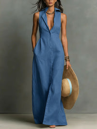 Buttoned Pockets Solid Color A-line High Waisted Lapel Shirt Dress Maxi Dresses