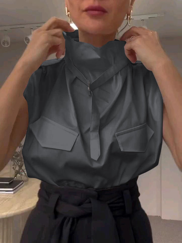 Loose Sleeveless Buckle Solid Color Stand Collar Blouses&Shirts Tops