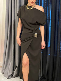 Raglan Sleeve Asymmetric Pleated Split-Front Split-Joint One-Shoulder Evening Dresses Maxi Dresses