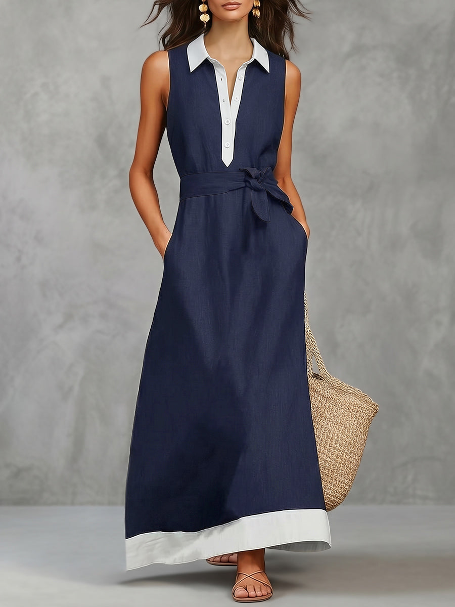 Buttoned Contrast Color Pockets Tied A-Line Loose Lapel Maxi Dresses