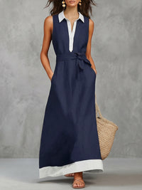 Buttoned Contrast Color Pockets Tied A-Line Loose Lapel Maxi Dresses