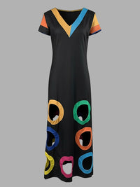 Colorful Contrast Color Hollow A-Line High Waisted V-Neck Maxi Dresses