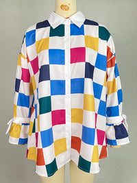 Long Sleeves Loose Buttoned Contrast Color Plaid Tied Stand Collar Blouses&Shirts Tops
