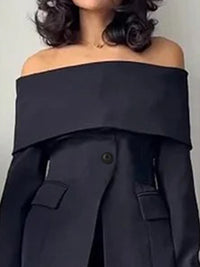 Solid Color Split-Front Split-Joint Long Sleeves Off-The-Shoulder Blazer