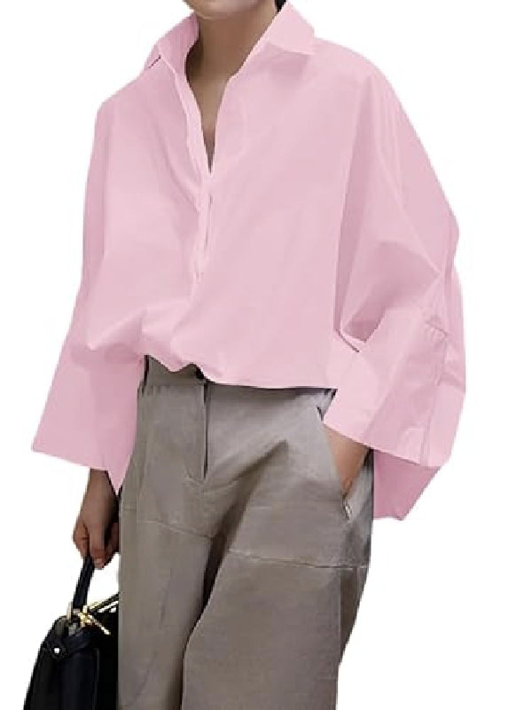 Long Sleeves Loose Solid Color Lapel Collar Blouses&Shirts Tops