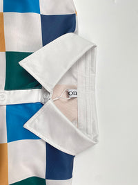 Long Sleeves Loose Buttoned Contrast Color Plaid Tied Stand Collar Blouses&Shirts Tops