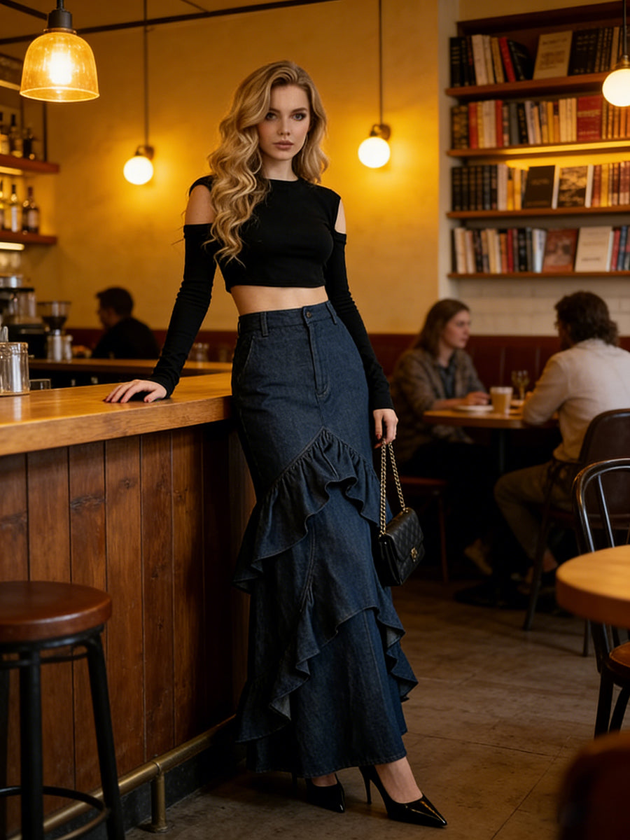 Bodycon High Waisted Ruffled Solid Color Split-Joint Skirts Bottoms