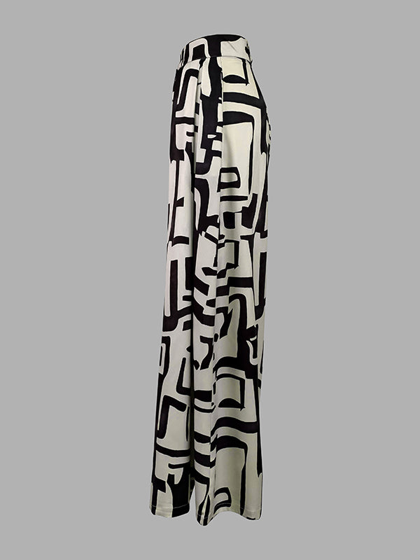 High Waisted Loose Pleated Printed Split-Joint Pants Trousers