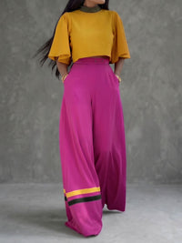 Buttoned Contrast Color Pockets High Waisted Wide Leg Trousers Pants