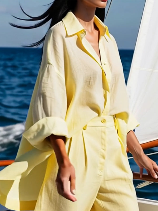 Long Sleeves Loose Solid Color Split-Joint Lapel Blouses&Shirts Tops