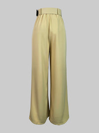 Loose Wide Leg Belted Pleated Solid Color Casual Pants Bottoms