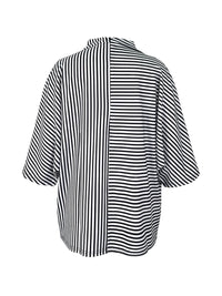 Loose Three-Quarter Sleeves Figure Printed Split-Joint Striped Stand Collar T-Shirts