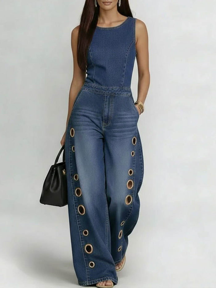 High Waisted Loose Geometric Hollow Pockets Solid Color Split-Joint Round-Neck Jumpsuits