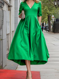 Pleated Pockets Solid Color Zipper A-line Long Sleeves V-neck Midi Dresses