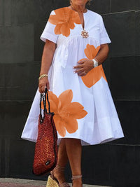 Flower Print Pleated A-Line Loose V-Neck Midi Dresses