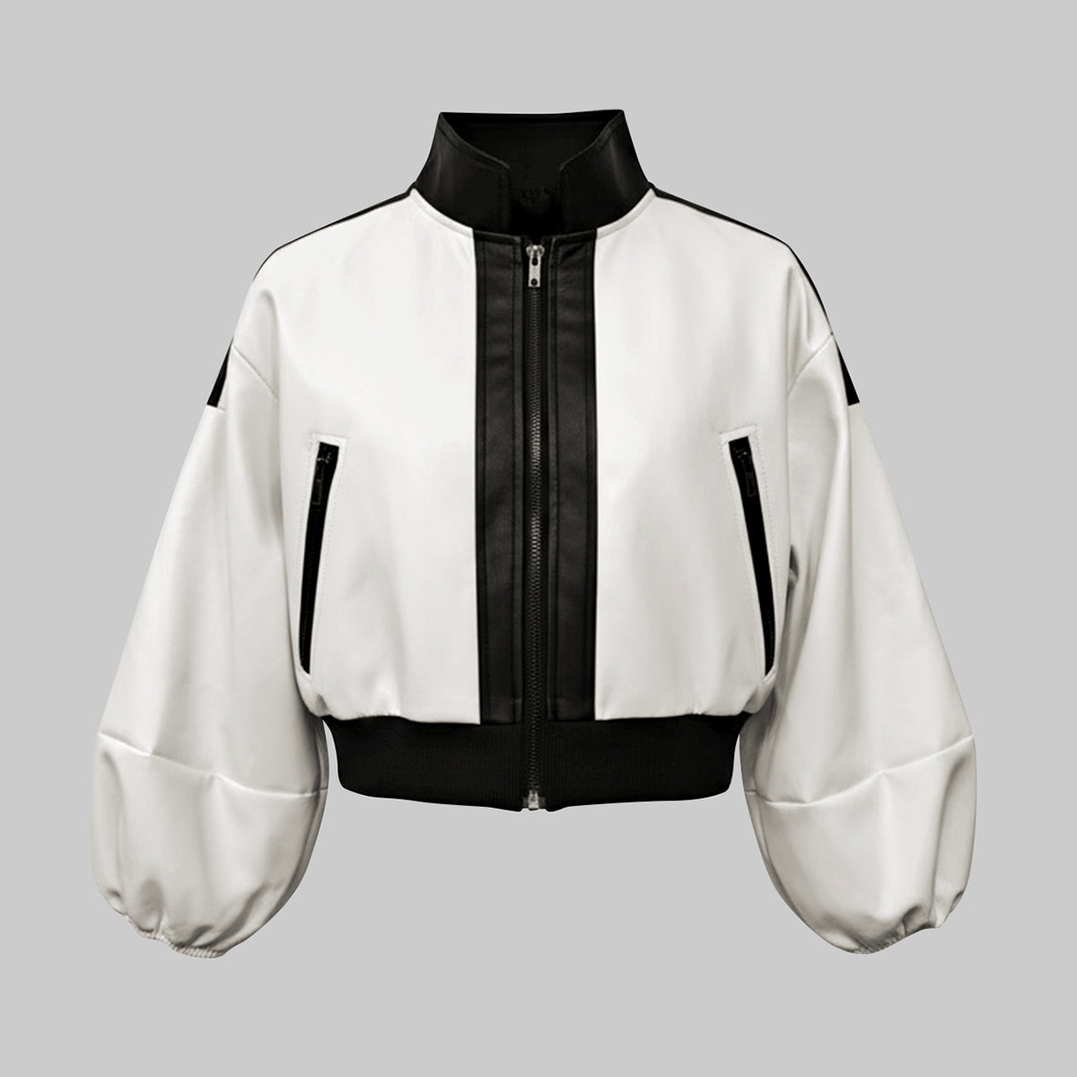 Puff Sleeves Contrast Color Split-Joint Zipper Stand Collar Jackets&Coats
