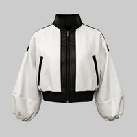 Puff Sleeves Contrast Color Split-Joint Zipper Stand Collar Jackets&Coats