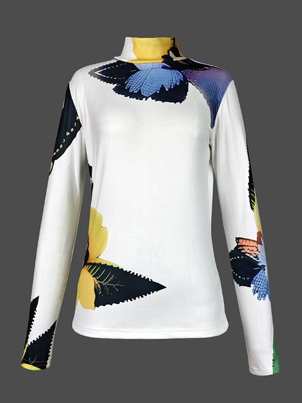 Flower Print Long Sleeves Skinny High Neck T-Shirts Tops