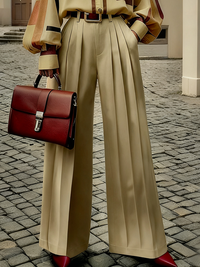 High Waisted Wide Leg No Belt Pleated Pockets Solid Color Pants Trousers