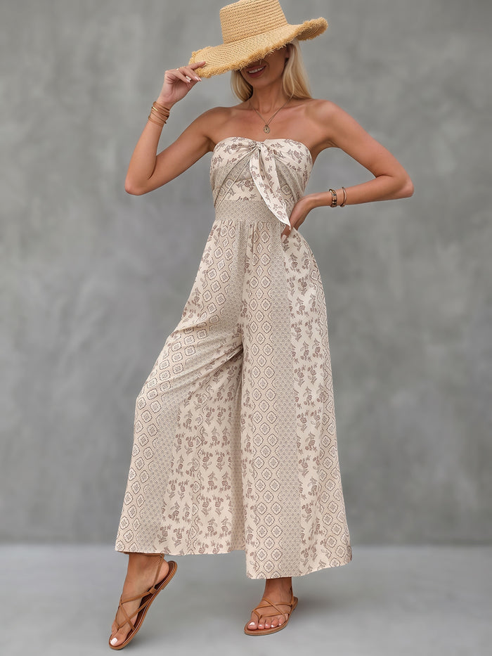 Backless Contrast Color Pleated Printed Split-Joint Tied Twist High Waisted Sleeveless Tube Jumpsuits