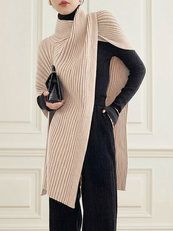 Asymmetric Solid Color Split-Joint Loose High Neck Sweater Tops