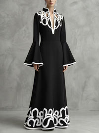 A-Line Flared Sleeves Abstract Printed Contrast Color Hollow Line Split-Joint Stand Collar Maxi Dresses