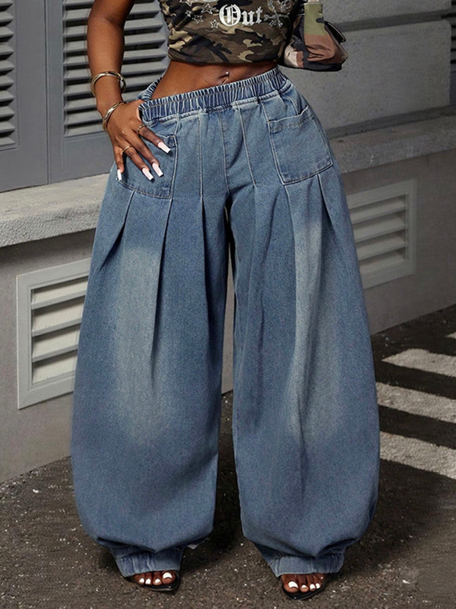 Elasticity Pockets Solid Color Loose Trousers Jean Pants Bottoms