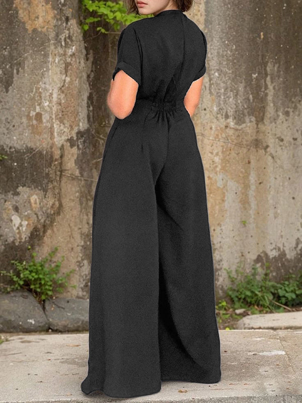 Short Sleeves Wide Leg Elasticity Split-Joint Zipper Round-Neck Jumpsuits