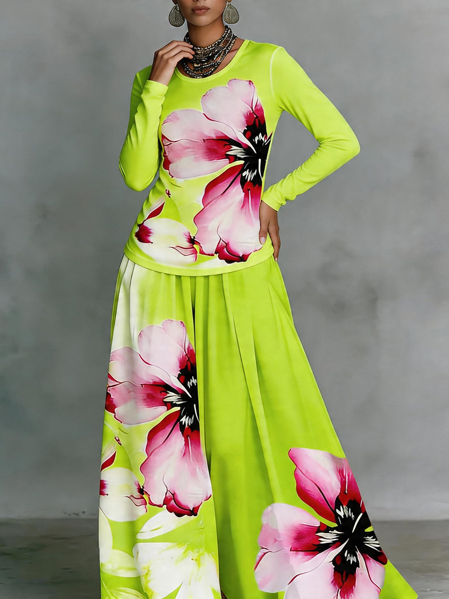 Long Sleeves Contrast Color Flower Print Split-Joint Round-Neck T-Shirts Tops