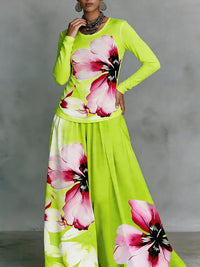 Long Sleeves Contrast Color Flower Print Split-Joint Round-Neck T-Shirts Tops