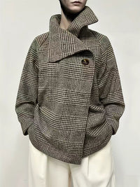 Long Sleeves Loose Asymmetric Houndstooth Plaid Stand Collar Jackets Outerwear