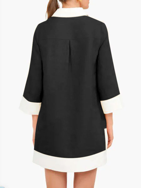 A-Line Loose Buttoned Contrast Color Pockets Stand Collar Mini Dresses