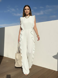 Loose Sleeveless Pleated Ruffled Solid Color Split-Joint Round-Neck Jumpsuits