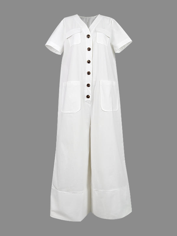 Buttoned Pockets Solid Color Loose Short Sleeves V-neck Jumpsuits