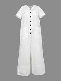 Buttoned Pockets Solid Color Loose Short Sleeves V-neck Jumpsuits