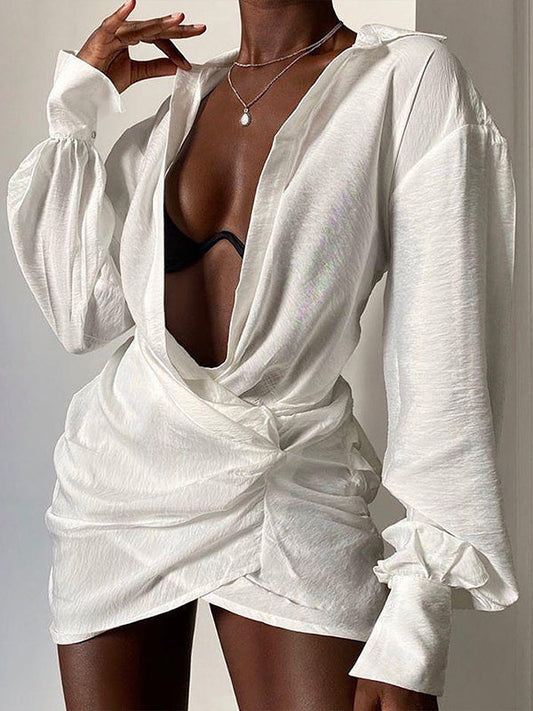 Bodycon Long Sleeves Pleated Solid Color Deep V-Neck Mini Dresses Shirt Dress