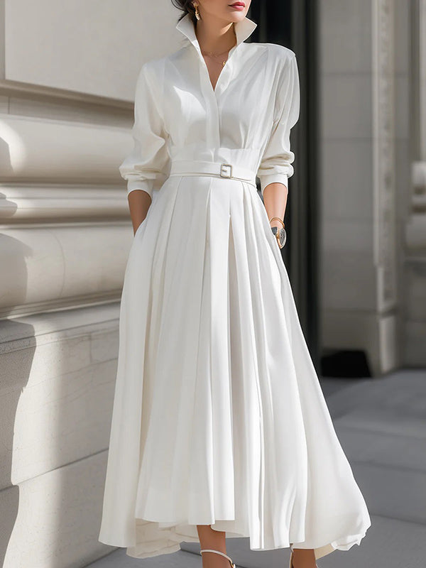 Long Sleeves Loose Belted Pockets Solid Color Stand Collar Maxi Dresses